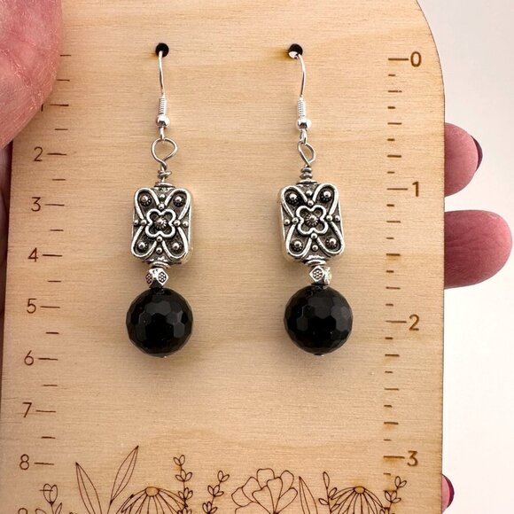 Faceted Black Onyx Earrings 925 Sterling Silver French Hooks - Picture 10 of 13